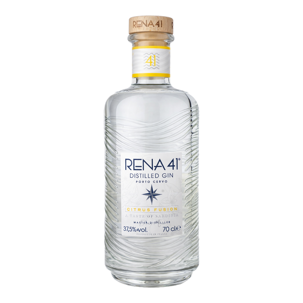 A bottle of RENA 41 Distilled Gin in the Citrus Fusion flavour, featuring a clear glass bottle with a wavy sea pattern, a white label, and a natural cork stopper.