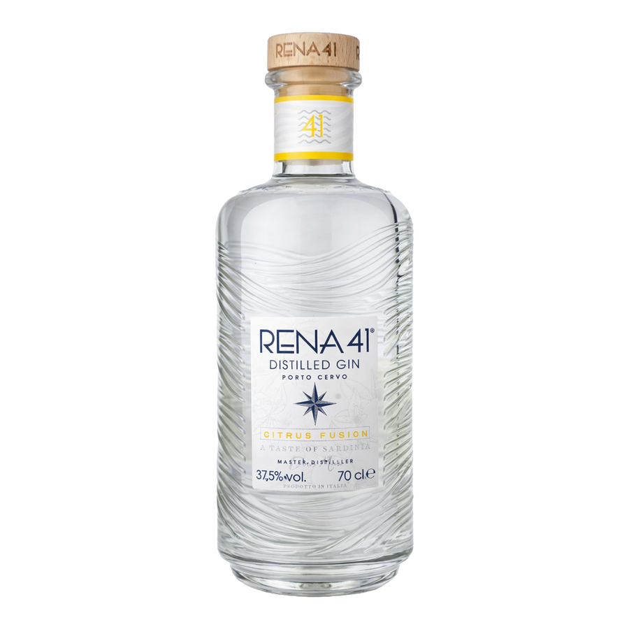 A bottle of RENA 41 Distilled Gin in the Citrus Fusion flavour, featuring a clear glass bottle with a wavy sea pattern, a white label, and a natural cork stopper.