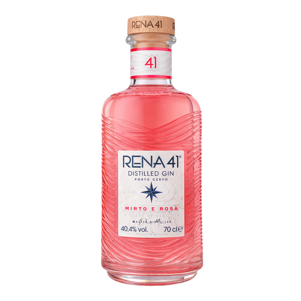 A bottle of RENA 41 Distilled Gin Mirto e Rosá, featuring a textured pink glass bottle with a white label and a natural cork stopper.
