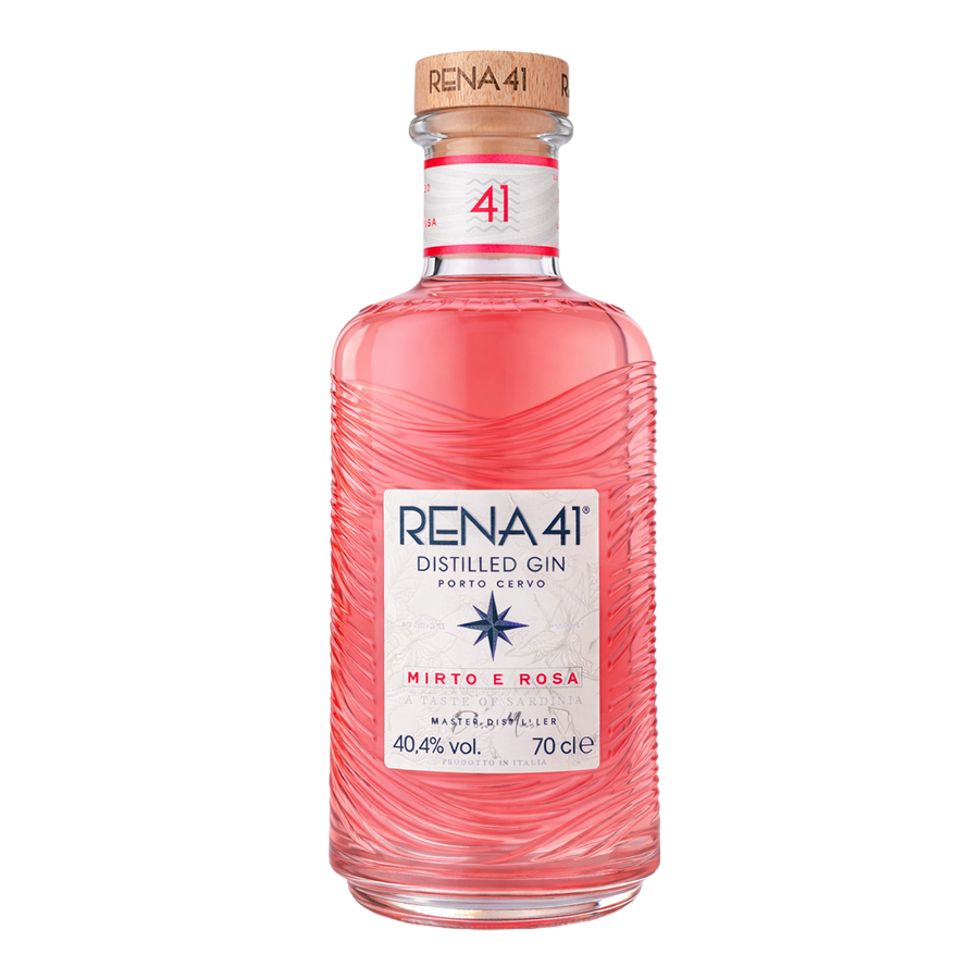 A bottle of RENA 41 Distilled Gin Mirto e Rosá, featuring a textured pink glass bottle with a white label and a natural cork stopper.