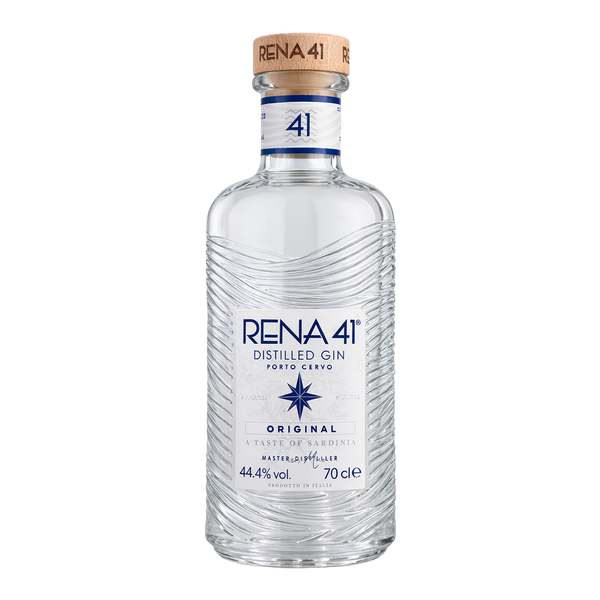 A 70cl bottle of RENA 41 Distilled Gin in Porto Cervo, featuring a clear glass bottle with wavy sea like horizontal ridges, a white label with blue text, and a natural cork stopper.