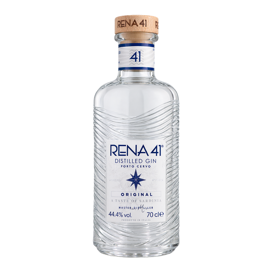 A 70cl bottle of RENA 41 Distilled Gin in Porto Cervo, featuring a clear glass bottle with wavy sea like horizontal ridges, a white label with blue text, and a natural cork stopper.